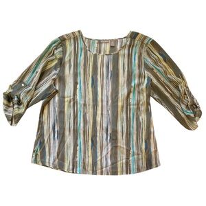 Chico's Green Brown Gray and Blue Striped Blouse Sz 3